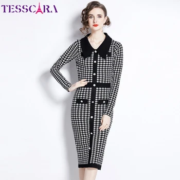 TESSCARA, Женски есенно-зимния елегантна рокля-пуловер, висококачествено клетчатое един коктейл рокля, Дизайнерско трикотажное офис рокля-молив