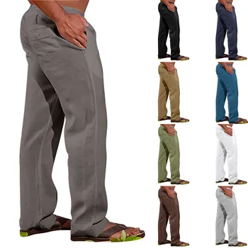 Мъжки памучни и ленени ежедневни обикновена памучни панталони с кулиской и множество джобове, широки спортни мъжки спортни панталони, къси