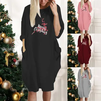 Дамски рокли за Коледа на Празнични партита С весели Шарени, свободно Меко Еластична рокля с дълги ръкави и джобове