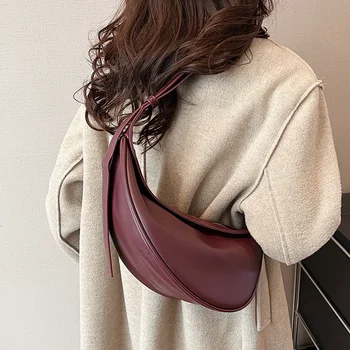 Дамски однотонная чанта-полумесец, ретро чанта от изкуствена кожа, дизайнерски реколта чанта-прашка с цип, дамски универсална чанта през рамо