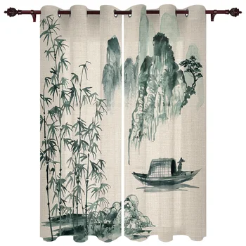 Китайска живопис Пейзаж Бамбук Лодка Прозорец Завеса Хол Луксозен Балдахин Завеса за спалня Декор домашна кухня Завеса