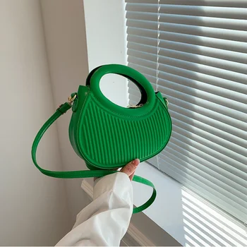 Малка чанта Half Moon през рамо за жени 2023, пролетни нови зелено-лилави чанти, плиссированный дизайн, кръглата чанта през рамо от изкуствена кожа, ръчна чанта за ръце