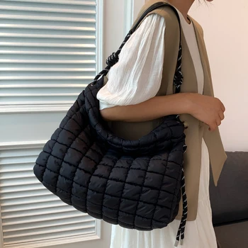 Дамска чанта с голям капацитет, дизайн в стеганую клетка, найлон плюс памучни торби през рамо, модерен дамски чанти за пътуване 2023 г.,