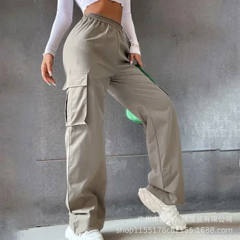 Дамски ежедневни летни Модни свободни панталони с джобове, Елегантни Широки еластични панталони с висока талия, Дрехи Y2K, широки панталони