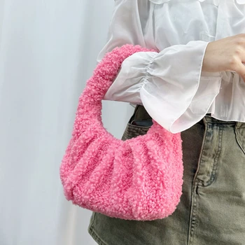Красиви дамски чанти през рамо от изкуствена овча вълна, зимни дамски малки чанти-скитници, клатч, чанта, Прости женски пухкави чанти под мишниците