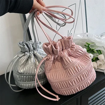 Дамски чанта под мишниците във формата на кофата, меки и сладки чанта през рамо, плисе чанти Y2k от изкуствена кожа с завязками за момичета, портфейли