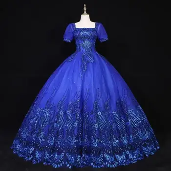 Bomaris, синя бална рокля с къси ръкави, буйни рокли, Vestidos De 15 Anos Мода, дантелени рокли за Рожден ден на принцеса, ТОПЛИ
