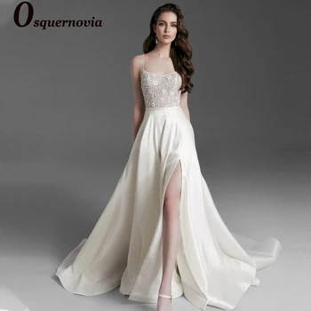 Приказно сватбени рокли с цепка Osquernovia на спагети презрамки с овални деколте и влак Vestido De Noiva Персонализирани Сватбена рокля с влак