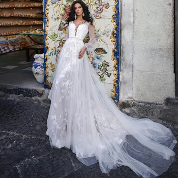 Богемное сватбена рокля с дълбоко V-образно деколте, ръкав-фенерче, Тюлевое Секси сватбена рокля с отворен гръб, дантелени апликации, струята на копчета, Vestido De Noiva 0