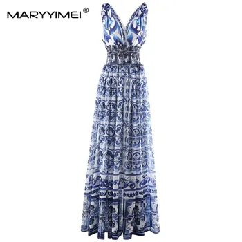 MARYYIMEI/ Нов модерен пролетно-лятно винтажное рокля без ръкави, синьо-бели вечерни рокли с V-образно деколте и отворен гръб от керамични принтом
