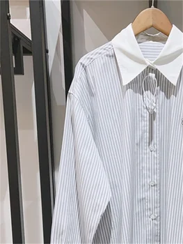 Дамска риза в дълга ивица от 2024, Пролетно-летни блузи с френски отложным яка, дамски блуза с вертикална и лого бродерия