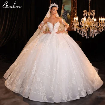 Красива апликация Придворен струята Бална рокля Сватбена рокля 2024 Луксозно Кристалното Beading С кръгло деколте и дълъг ръкав на Сватбена рокля на Принцеса