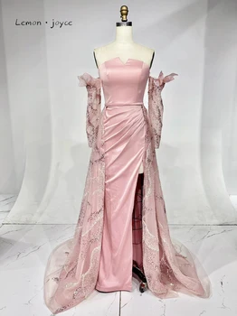 Лимон-розово елегантна секси вечерна рокля 2023 година от сатен с открити рамене, дълги ръкави с гънки, дълга цепка и горната пола