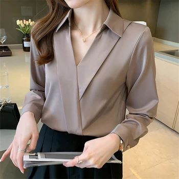 Есента Корейската кафе дамска блуза с V-образно деколте 2023, Нови Елегантни ежедневни Свободни офис ризи с дълъг ръкав, Шикозни Дамски блузи
