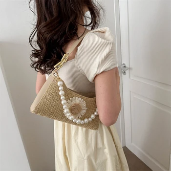 Перлена дамска чанта в стил ретро, луксозна дизайнерска чанта, сламени чанти през рамо, модни дамски чанти-тоут 2023, трендови чанта през рамо, портфейли 1