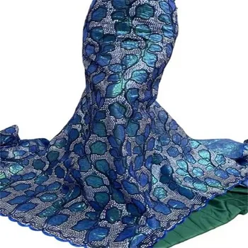 5 ярда Африканската завързана кърпа с пайети 2023 син цвят, с висококачествена Френска Нигерийская бродерия, мрежести тъкани за шивашки сватбени рокли