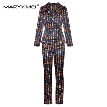 Модерен дизайнерски костюм MARYYIMEI, пролетта и есента женски костюм с дълъг ръкав и принтом райе, потник + панталон, комплект от две части
