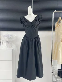 Френското рокля PEIRESA с елегантните къдри, завязками, V-образно деколте, тънка талия, без ръкави, обикновена midi-рокли трапецовидна форма, новост лятото 2023 година 1