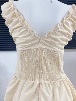 Френското рокля PEIRESA с елегантните къдри, завязками, V-образно деколте, тънка талия, без ръкави, обикновена midi-рокли трапецовидна форма, новост лятото 2023 година 5
