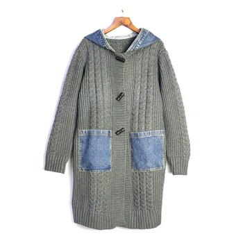 Дънкови трикотажни палто със средна дължина, с качулка, женски зимни однобортные реколта топли жилетки, пуловер 2