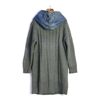 Дънкови трикотажни палто със средна дължина, с качулка, женски зимни однобортные реколта топли жилетки, пуловер 3