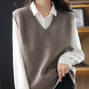 Корейски стил, V-образно деколте, без ръкави, тънък, лек, мек есенен вязаный пуловер, жилетка, модерен женски случайни вязаный пуловер, жилетка, пуловер