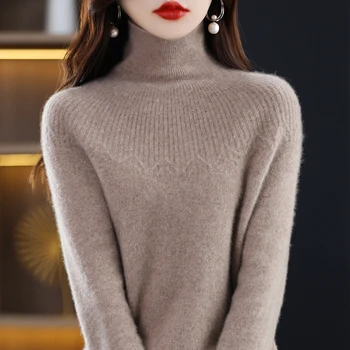 Първокласен готовия пуловер с висока ревера, женски основен пуловер от 100-чиста вълна, нови есенно-зимния вязаный пуловер, вълнен пуловер