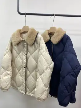 2 Цвята, женски однобортные якета, есен-зима 2023, отложной яка, Модно дамско топло палто с цип с бриллиантовым принтом