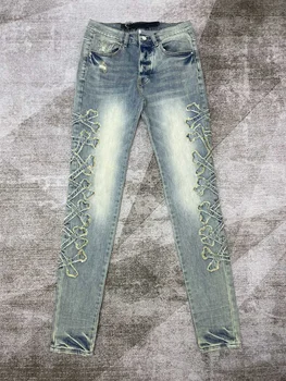 AM Мъжки дънки 2024 Ново записване, Тесни дънкови панталони с бродерия костяным кръст, градинска дрехи, Модерен мъжки панталон-молив наклон син цвят