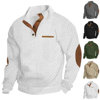 2023 Мъжки контрастная hoody в стил мозайка, Мъжки ежедневни Свободен Жаккардовый пуловер с дълъг ръкав, есенни мъжки блузи с яка-часова копчета