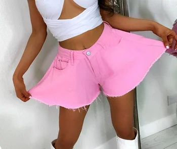 Най-новите дамски шорти свободно cut 2021 година, обикновена разкроена къси панталони от деним с висока талия, розов / сив/ бял 1