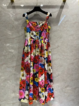 Ново памучно женствена рокля на подтяжках с флорални принтом
