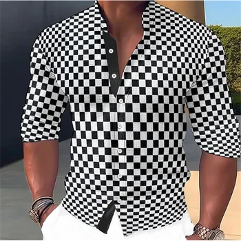Мъжка риза 2023 Muscle Залата за фитнес с дълъг ръкав и яка-часова, мъжка риза в черно-бялата клетка в геометричния тенденцията стил
