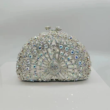 Дамски вечерна дамска чанта с кристали, сребристо-бял сватбен клатч с кристали, чанта-клатч за бала, дневни клатчи с диаманти, чанта-верига за парти 4
