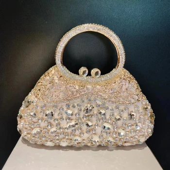 Дамски вечерна дамска чанта с кристали, сребристо-бял сватбен клатч с кристали, чанта-клатч за бала, дневни клатчи с диаманти, чанта-верига за парти 5
