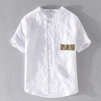 100% Бельо лятна бяла риза, мъжки маркови ретро-ризи за мъже, модни риза с висока яка, удобни мъжки ризи, мъжки камисета