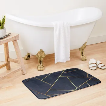 Геометричен тъмно синьо килимче за баня със златен камък, бързосъхнеща завеса за душа в банята, устойчива на плъзгане баня, килимчета за баня, килим за баня