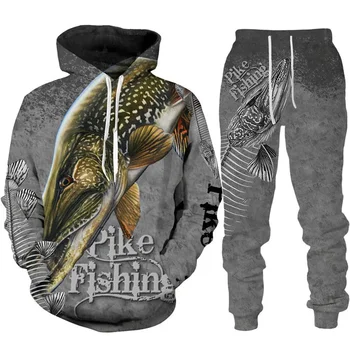 2022 Модерен Мъжки Спортен костюм Cool Pike Fishing С 3D Принтом Hoody Панталони Костюм Harajuku Унисекс Ежедневни Туризъм, Спортно Облекло За Къмпинг