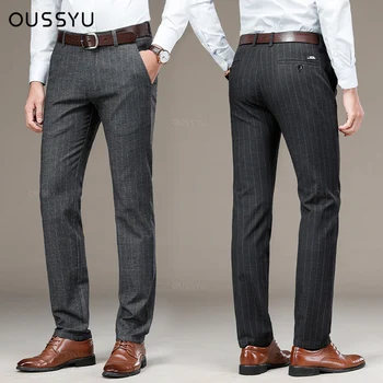 Висококачествени панталони на райета, мъжки памучни модерен бизнес стрейчевые сиви черни плътни корейски официални панталони за офис Мъжки костюми