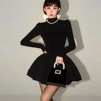 Черно вязаное мини рокля в стил мозайка, дамски пролетно-есенни turtlenecks Y2K с дълги ръкави, елегантна дебнещ пищни рокля