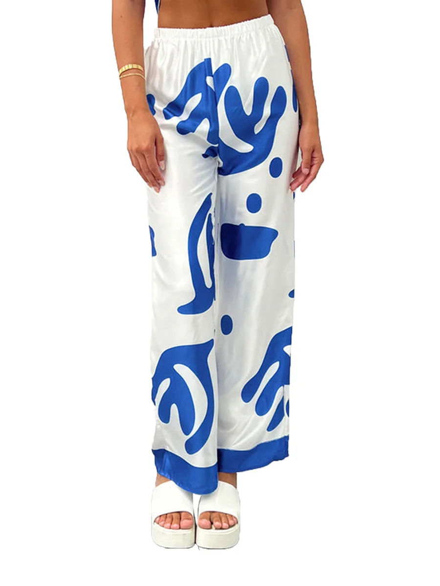 Жена комплект от 2 теми с Флорални принтом, Най-тръба Без Ръкави, С Открити рамене и Широки Панталони с Висока талия - Perfect Y2K Streetwear