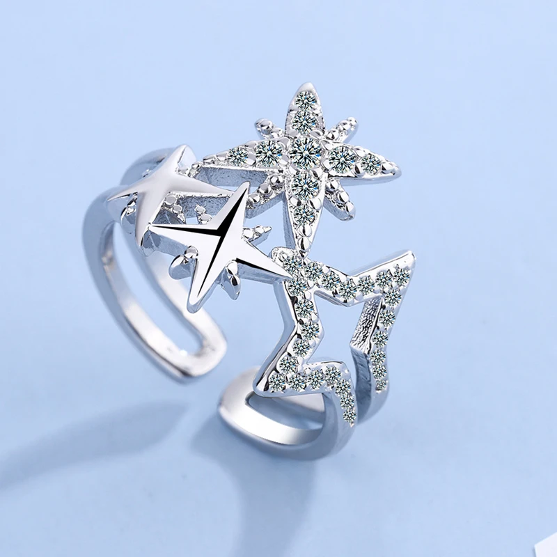 Корейски прости задейства пръстени за жени, модни Сребърни пръстени с кубическим цирконий, Регулируем пръстен със звезда, украса за партита, подаръци за рожден Ден