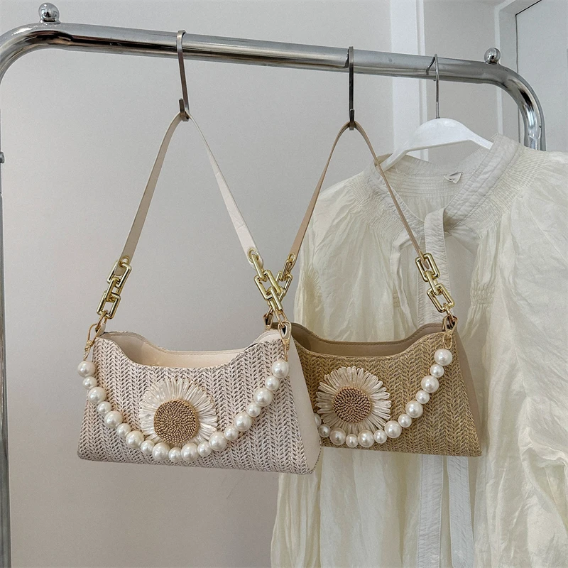 Перлена дамска чанта в стил ретро, луксозна дизайнерска чанта, сламени чанти през рамо, модни дамски чанти-тоут 2023, трендови чанта през рамо, портфейли 0