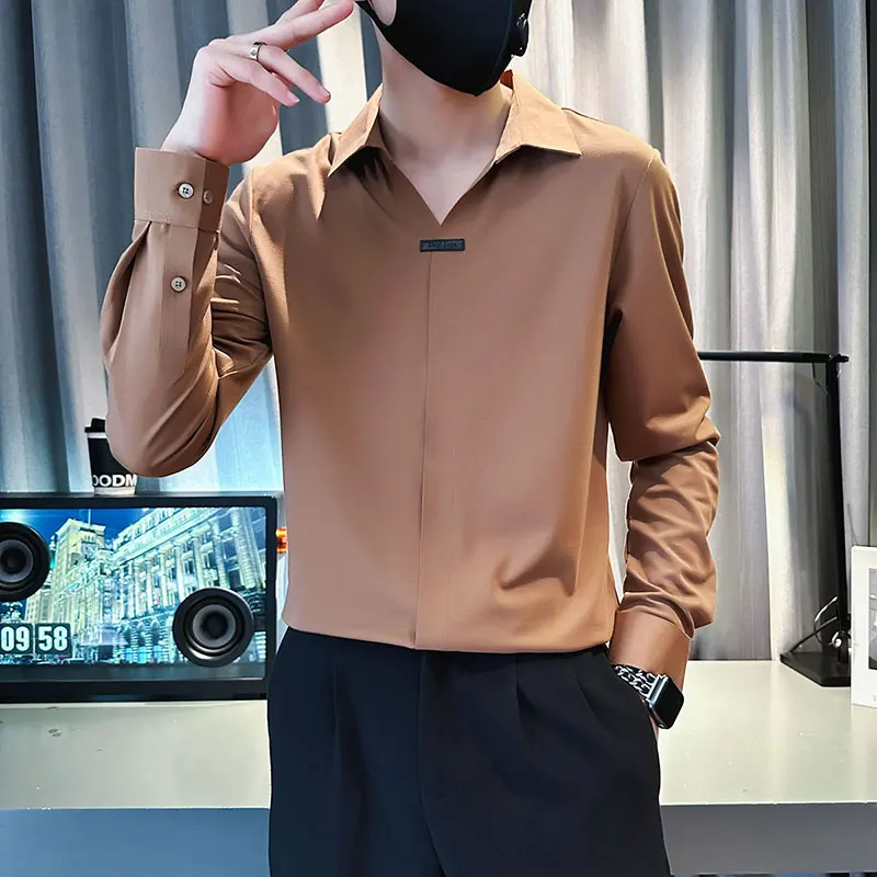 Пролетно-есенни новости за мъже, изискана Корея приталенная риза с дълги ръкави и ревера на шията/Мъжки модерен ежедневието на обикновен пуловер-топ