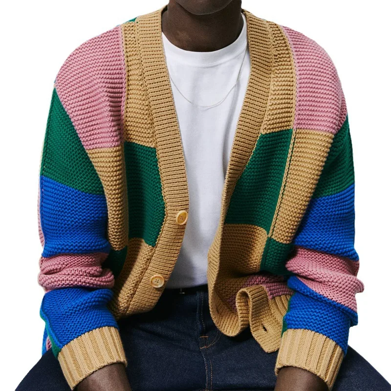 Мъжки ретро пуловер-жилетка с дълъг ръкав, трикотажная сако с V-образно деколте, пуловери в цвят блок, палта в стил мозайка, есен, Зима