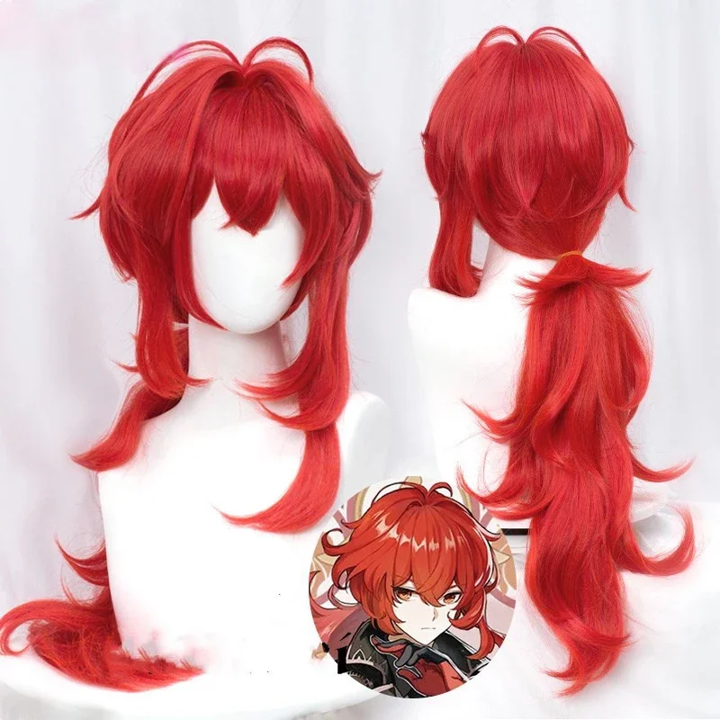 JOY & BEAUTY Hair Genshin Impact Diluc Cosplay Червена перука с дължина 60 см Cosplay Аниме Cosplay Перуки Термоустойчиви синтетични перуки