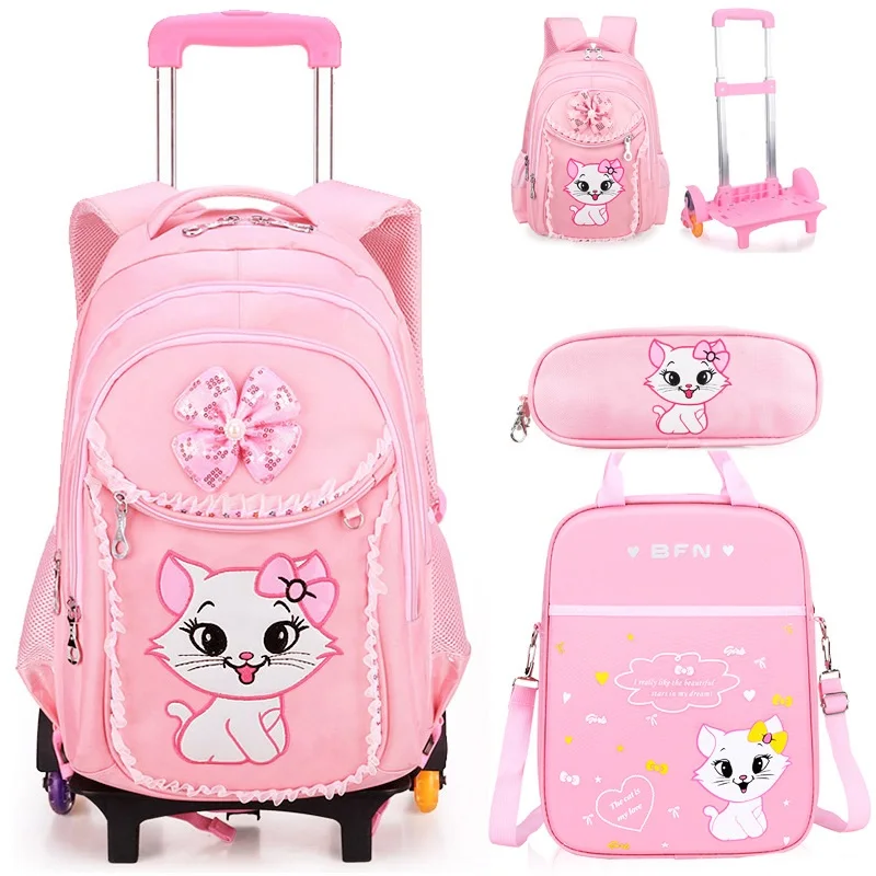Розово училище раница за момичета с колела, детска, училищна чанта за момичета, раница на колела за начално училище, детски чанта-тролей