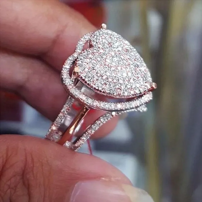 Стилни дамски пръстен от розово злато с двойно кубическим цирконием във формата на сърце, Годежен пръстен за жени и момичета, един хубав подарък за рожден Ден
