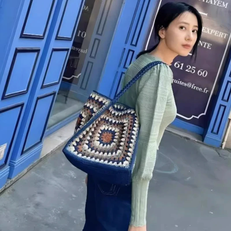 Модерна чанта за рамо с цветя модел, вязаная на една кука, тканая чанта, дамски голяма ежедневна чанта-тоут 1