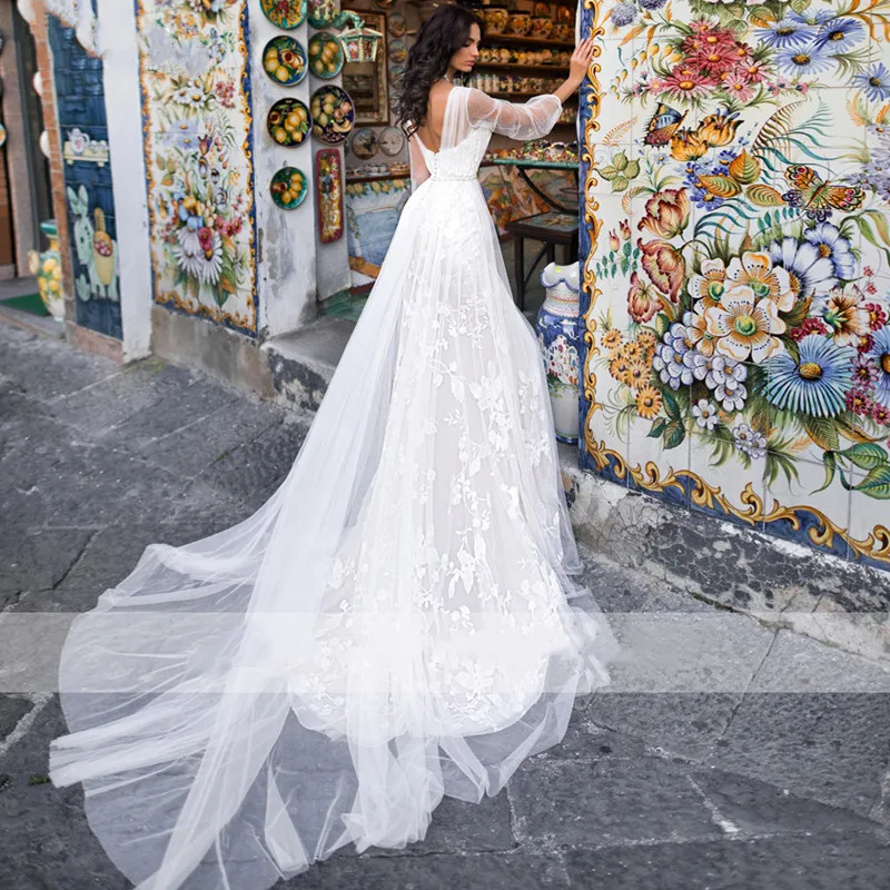 Богемное сватбена рокля с дълбоко V-образно деколте, ръкав-фенерче, Тюлевое Секси сватбена рокля с отворен гръб, дантелени апликации, струята на копчета, Vestido De Noiva 1